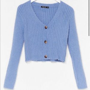 Nasty Gal Button-Down For Whatever Fluffy Knit blue Cardigan